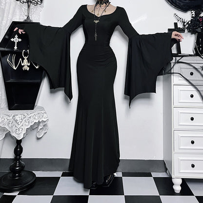 Y2K Goth Floral Lace Mesh Flared Sleeve Bodycon Party Dresses Sexy Vintage Elegant Black Velvet V-Neck Long Dress Partywear