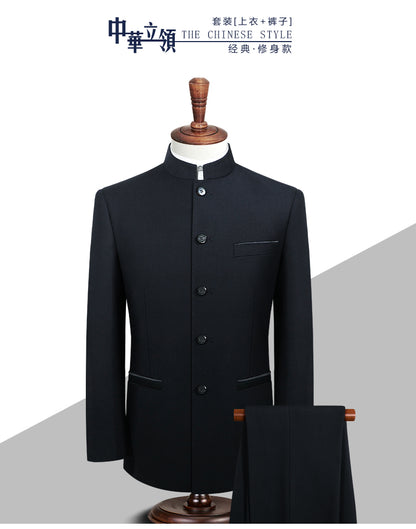 Classic Men Business Chinese Mountain Suit Suit Set 2-Piece High Quality Wedding Party Dress Set Black Navy Wine Red Suit+pant