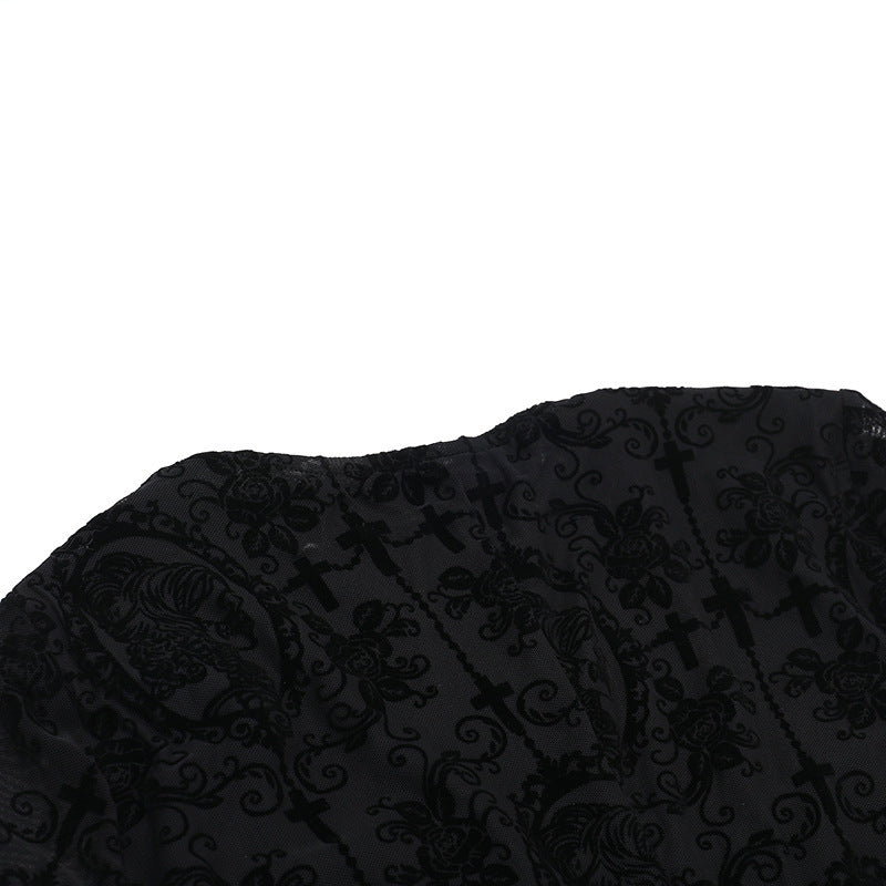 Y2K Goth Floral Lace Mesh Flared Sleeve Bodycon Party Dresses Sexy Vintage Elegant Black Velvet V-Neck Long Dress Partywear