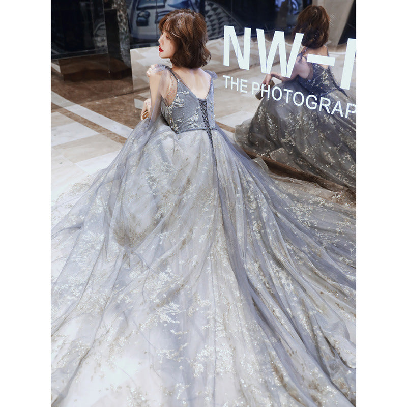 Customized V-neck Lace-up Elegant Sequined Wedding Party Dresses Fairy Slim Waist Mesh Tiered Prom Dress Elegant Temperament Eve