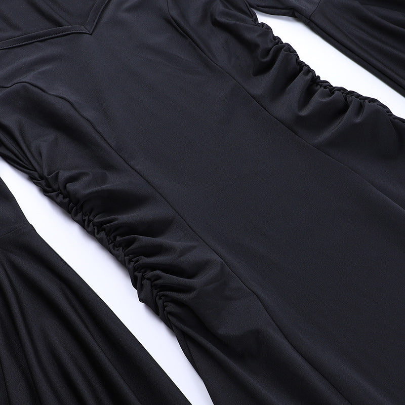 Y2K Goth Floral Lace Mesh Flared Sleeve Bodycon Party Dresses Sexy Vintage Elegant Black Velvet V-Neck Long Dress Partywear
