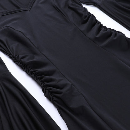 Y2K Goth Floral Lace Mesh Flared Sleeve Bodycon Party Dresses Sexy Vintage Elegant Black Velvet V-Neck Long Dress Partywear