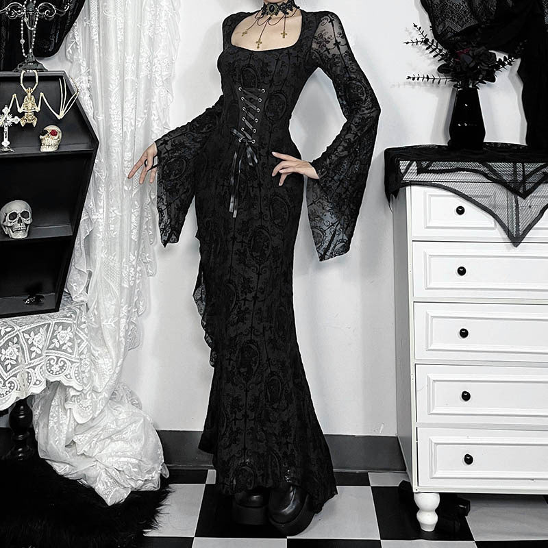Y2K Goth Floral Lace Mesh Flared Sleeve Bodycon Party Dresses Sexy Vintage Elegant Black Velvet V-Neck Long Dress Partywear
