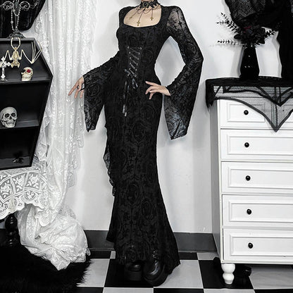 Y2K Goth Floral Lace Mesh Flared Sleeve Bodycon Party Dresses Sexy Vintage Elegant Black Velvet V-Neck Long Dress Partywear