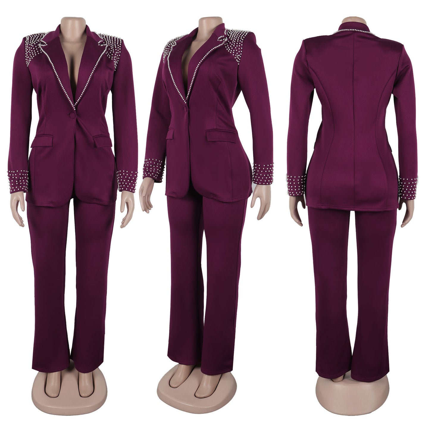 CM.YAYA Fashion Pearl Splicing Women's Set Long Sleeve Blazer and Wide Leg Pants Suit 2024 Winter OL Fall Two 2 Piece Set Outfit