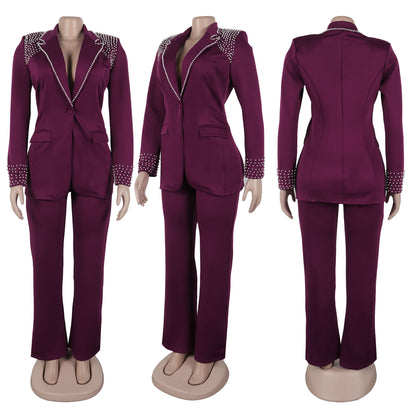 CM.YAYA Fashion Pearl Splicing Women's Set Long Sleeve Blazer and Wide Leg Pants Suit 2024 Winter OL Fall Two 2 Piece Set Outfit