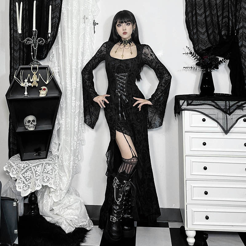 Y2K Goth Floral Lace Mesh Flared Sleeve Bodycon Party Dresses Sexy Vintage Elegant Black Velvet V-Neck Long Dress Partywear