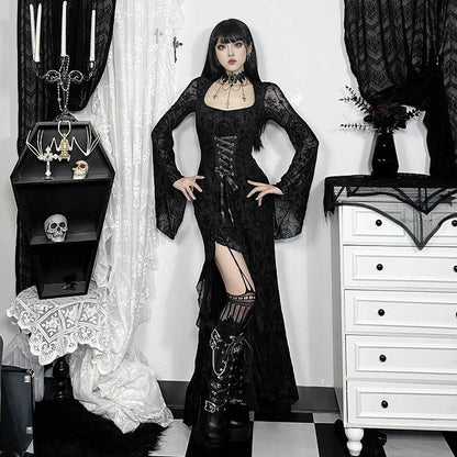 Y2K Goth Floral Lace Mesh Flared Sleeve Bodycon Party Dresses Sexy Vintage Elegant Black Velvet V-Neck Long Dress Partywear
