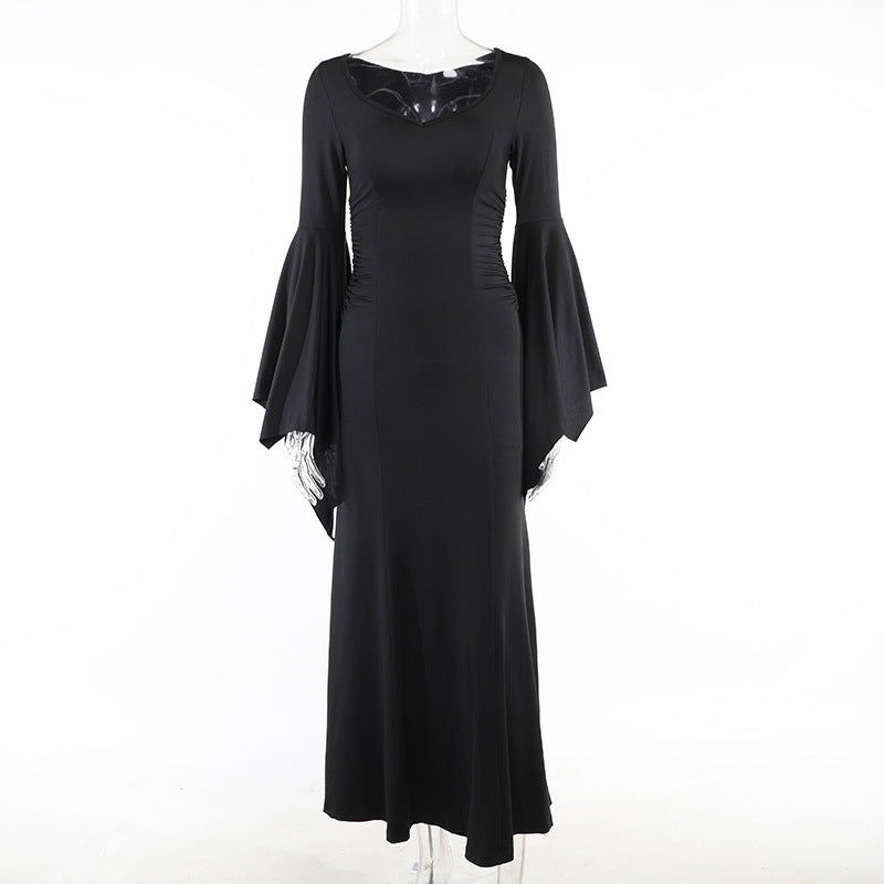 Y2K Goth Floral Lace Mesh Flared Sleeve Bodycon Party Dresses Sexy Vintage Elegant Black Velvet V-Neck Long Dress Partywear