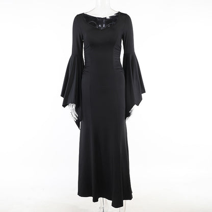 Y2K Goth Floral Lace Mesh Flared Sleeve Bodycon Party Dresses Sexy Vintage Elegant Black Velvet V-Neck Long Dress Partywear
