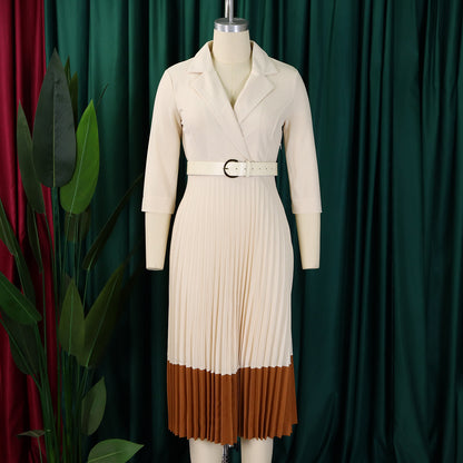 CM.YAYA Fashion Full Sleeve Notched Neck Solid High Waist Belt Dress Women Autumn Office Lady Pleated Long Africa Midi Dresses