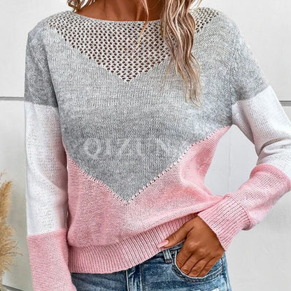 European and American Cross-border Sweater Autumn and Winter Contrast Crewneck Pullover Stitching Hollow-out Slim-fit Long-sleeved Thin Knitted Top for Women