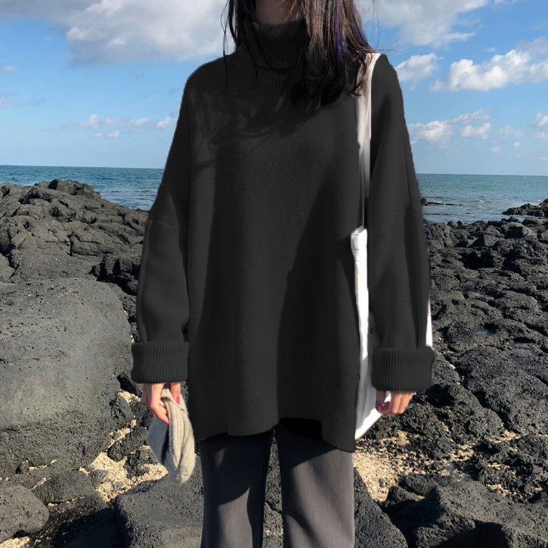 Fall and Winter High Collar Loose Outdoor All-Matching Black Sweater