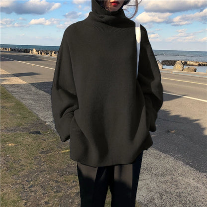 Fall and Winter High Collar Loose Outdoor All-Matching Black Sweater