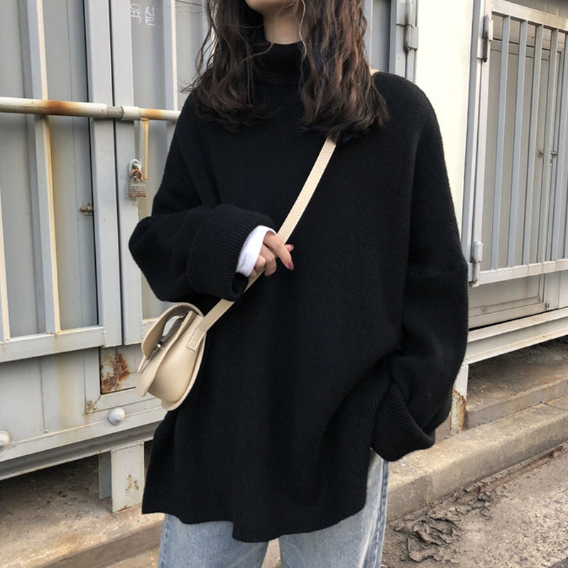 Fall and Winter High Collar Loose Outdoor All-Matching Black Sweater