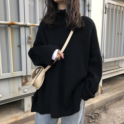 Fall and Winter High Collar Loose Outdoor All-Matching Black Sweater
