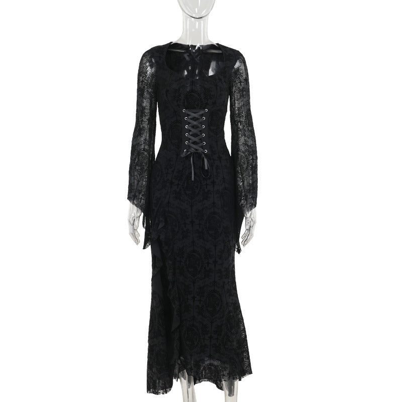 Y2K Goth Floral Lace Mesh Flared Sleeve Bodycon Party Dresses Sexy Vintage Elegant Black Velvet V-Neck Long Dress Partywear