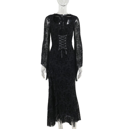 Y2K Goth Floral Lace Mesh Flared Sleeve Bodycon Party Dresses Sexy Vintage Elegant Black Velvet V-Neck Long Dress Partywear