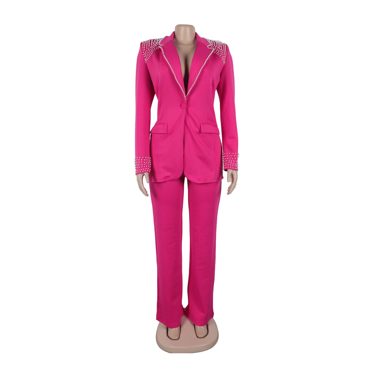 CM.YAYA Fashion Pearl Splicing Women's Set Long Sleeve Blazer and Wide Leg Pants Suit 2024 Winter OL Fall Two 2 Piece Set Outfit