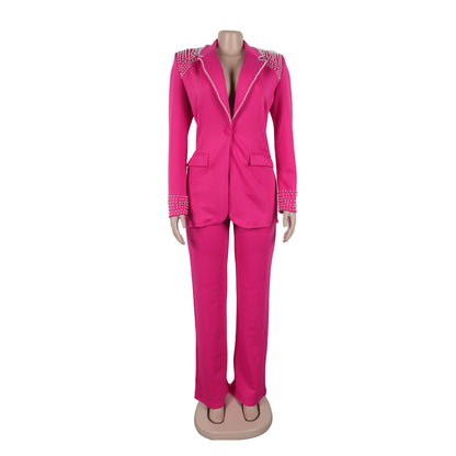 CM.YAYA Fashion Pearl Splicing Women's Set Long Sleeve Blazer and Wide Leg Pants Suit 2024 Winter OL Fall Two 2 Piece Set Outfit
