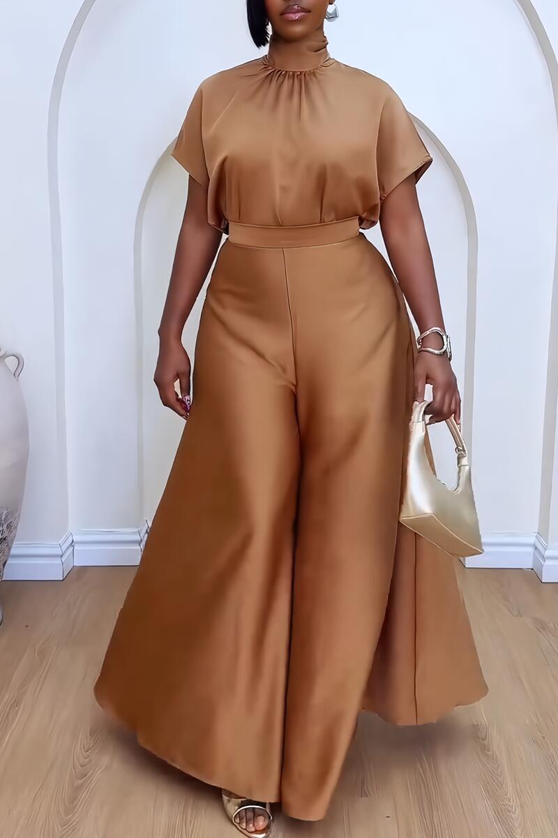 CM.YAYA Women's Set satin Short Sleeve Turtleneck Shirt+wide Leg Pants 2024 Fall Streetwear OL Two 2Piece Sets Outfits Tracksuit