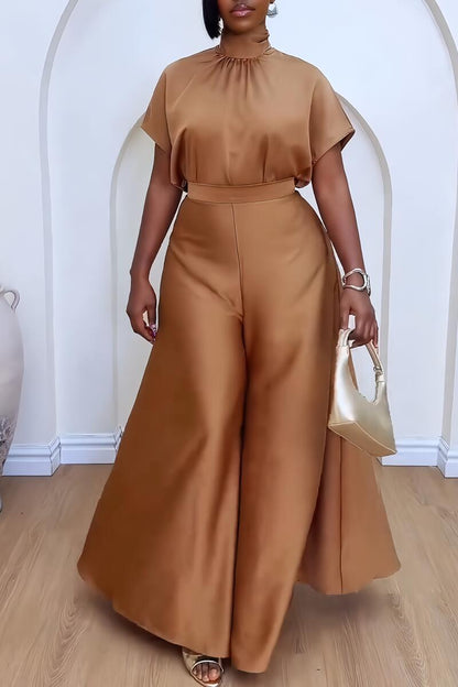 CM.YAYA Women's Set satin Short Sleeve Turtleneck Shirt+wide Leg Pants 2024 Fall Streetwear OL Two 2Piece Sets Outfits Tracksuit