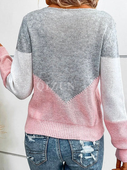 European and American Cross-border Sweater Autumn and Winter Contrast Crewneck Pullover Stitching Hollow-out Slim-fit Long-sleeved Thin Knitted Top for Women
