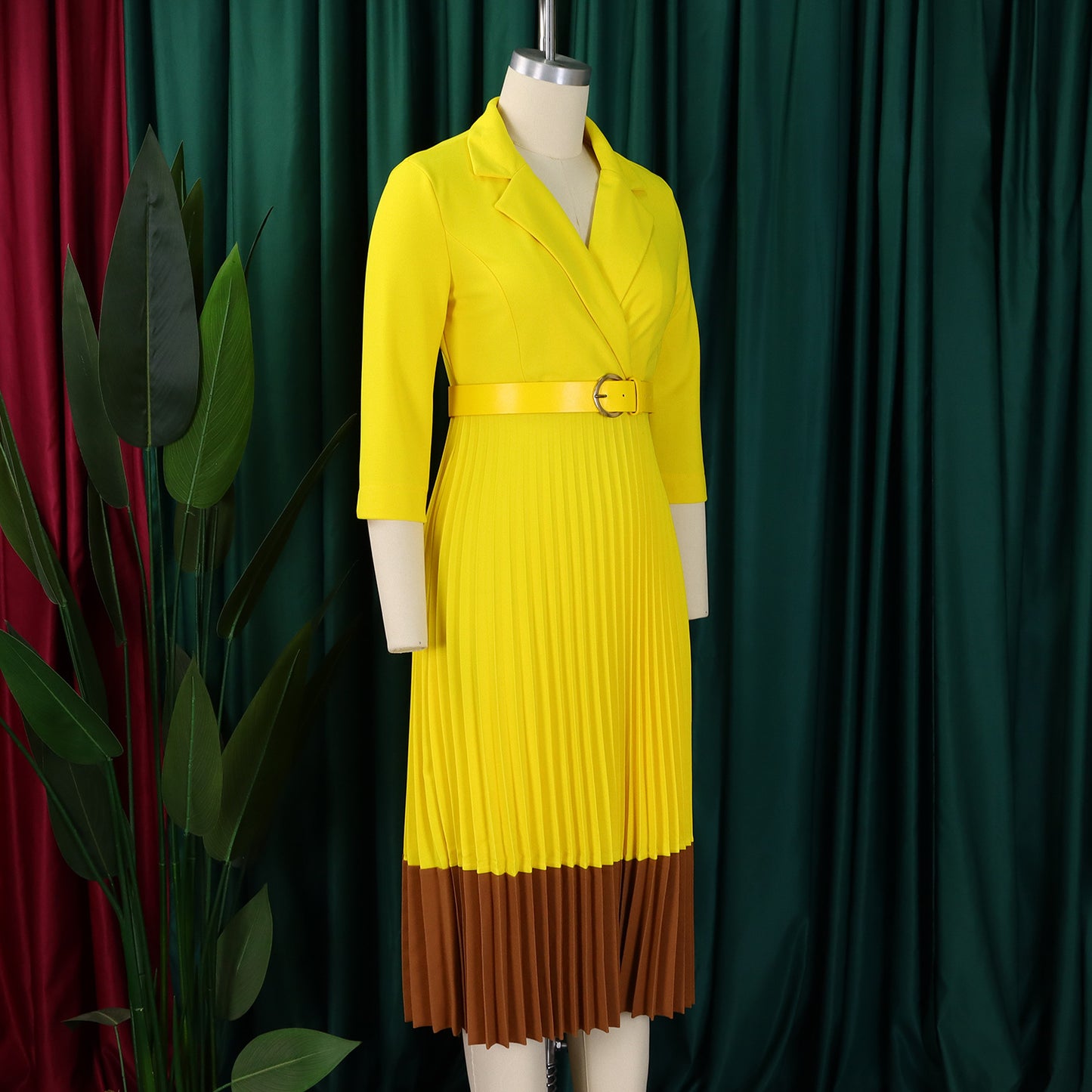 CM.YAYA Fashion Full Sleeve Notched Neck Solid High Waist Belt Dress Women Autumn Office Lady Pleated Long Africa Midi Dresses