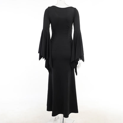 Y2K Goth Floral Lace Mesh Flared Sleeve Bodycon Party Dresses Sexy Vintage Elegant Black Velvet V-Neck Long Dress Partywear