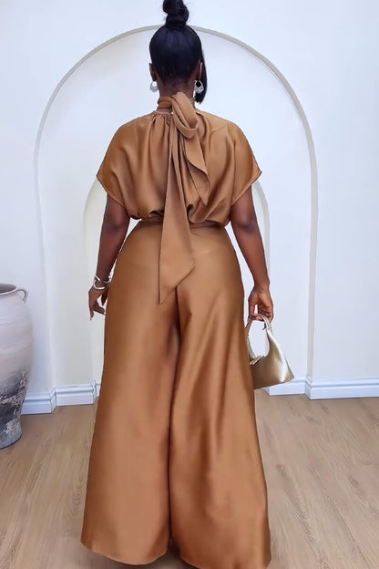 CM.YAYA Women's Set satin Short Sleeve Turtleneck Shirt+wide Leg Pants 2024 Fall Streetwear OL Two 2Piece Sets Outfits Tracksuit