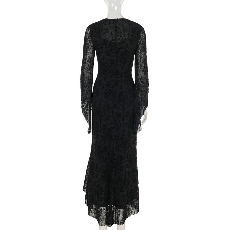 Y2K Goth Floral Lace Mesh Flared Sleeve Bodycon Party Dresses Sexy Vintage Elegant Black Velvet V-Neck Long Dress Partywear