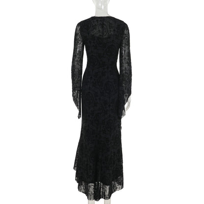 Y2K Goth Floral Lace Mesh Flared Sleeve Bodycon Party Dresses Sexy Vintage Elegant Black Velvet V-Neck Long Dress Partywear
