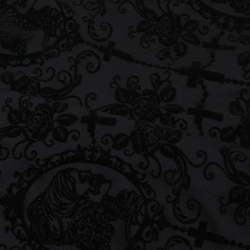 Y2K Goth Floral Lace Mesh Flared Sleeve Bodycon Party Dresses Sexy Vintage Elegant Black Velvet V-Neck Long Dress Partywear