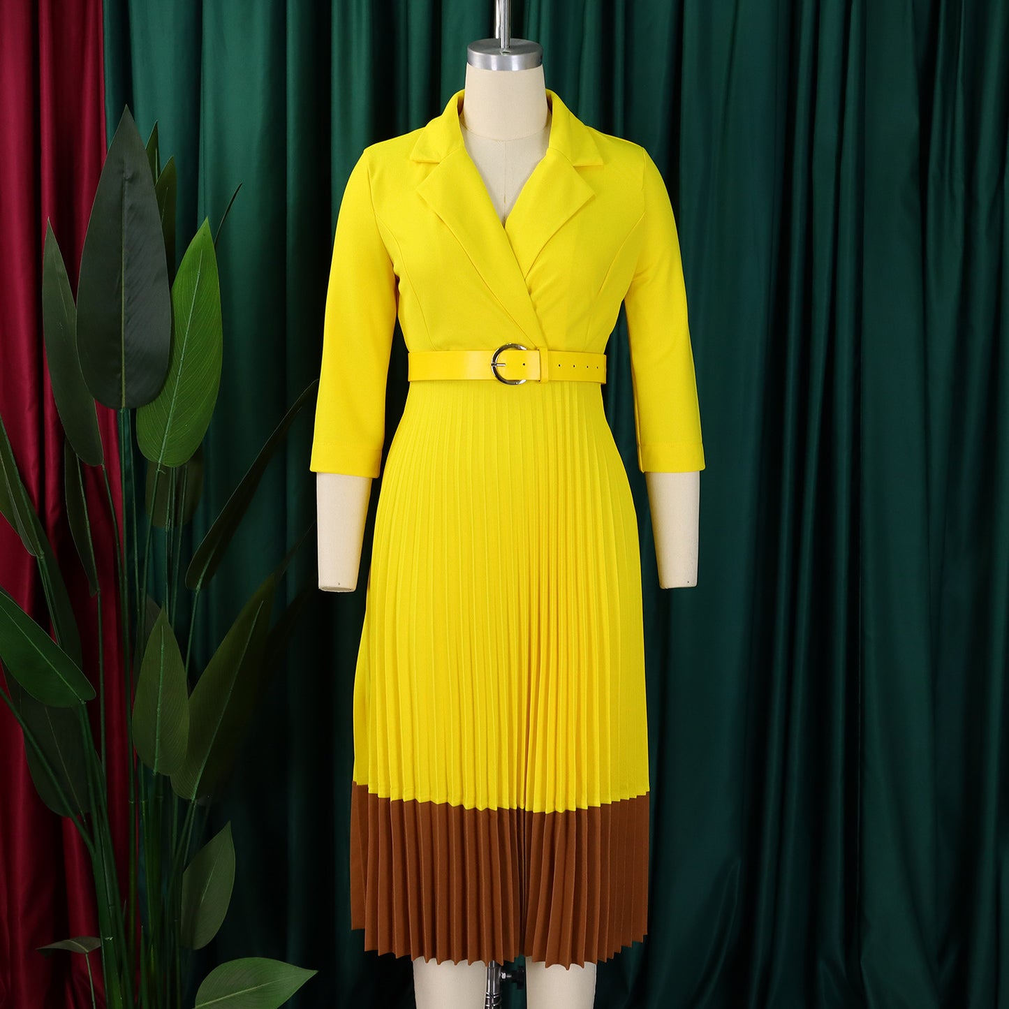 CM.YAYA Fashion Full Sleeve Notched Neck Solid High Waist Belt Dress Women Autumn Office Lady Pleated Long Africa Midi Dresses