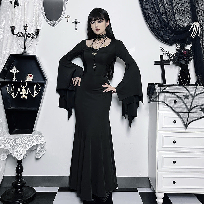 Y2K Goth Floral Lace Mesh Flared Sleeve Bodycon Party Dresses Sexy Vintage Elegant Black Velvet V-Neck Long Dress Partywear