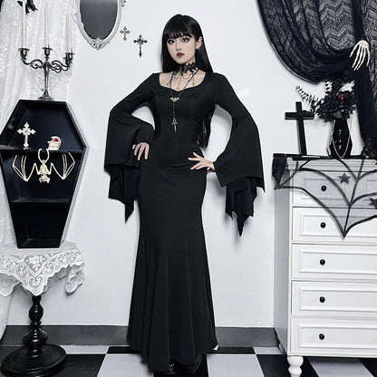 Y2K Goth Floral Lace Mesh Flared Sleeve Bodycon Party Dresses Sexy Vintage Elegant Black Velvet V-Neck Long Dress Partywear