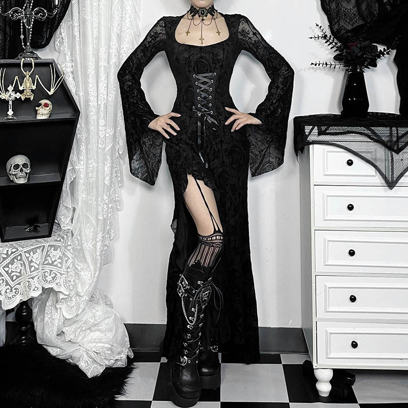 Y2K Goth Floral Lace Mesh Flared Sleeve Bodycon Party Dresses Sexy Vintage Elegant Black Velvet V-Neck Long Dress Partywear