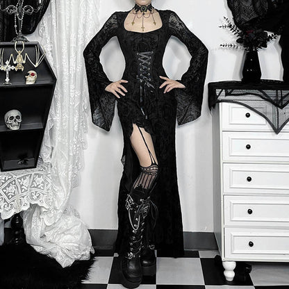 Y2K Goth Floral Lace Mesh Flared Sleeve Bodycon Party Dresses Sexy Vintage Elegant Black Velvet V-Neck Long Dress Partywear