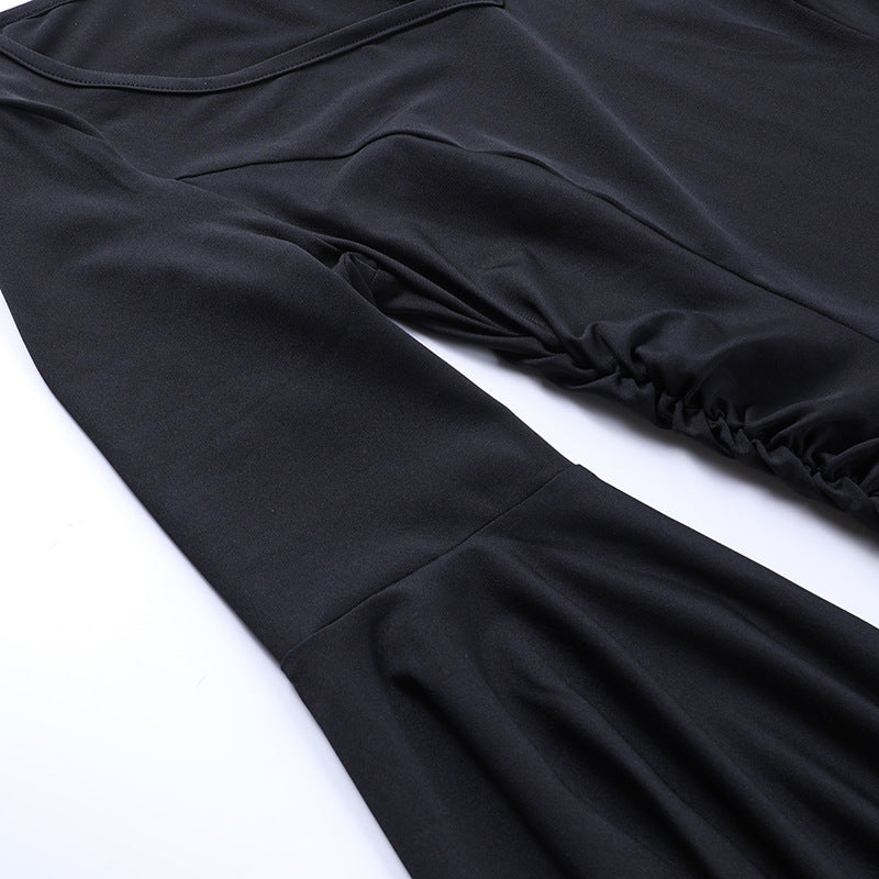Y2K Goth Floral Lace Mesh Flared Sleeve Bodycon Party Dresses Sexy Vintage Elegant Black Velvet V-Neck Long Dress Partywear