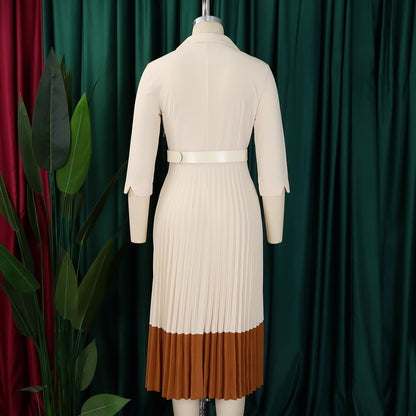 CM.YAYA Fashion Full Sleeve Notched Neck Solid High Waist Belt Dress Women Autumn Office Lady Pleated Long Africa Midi Dresses