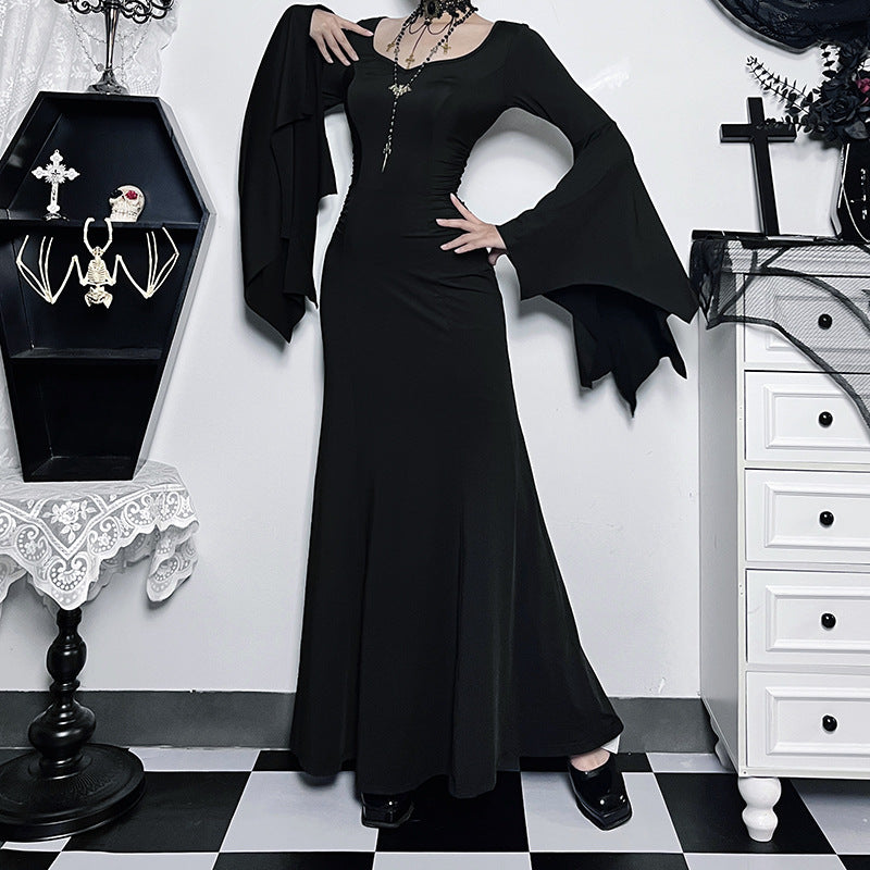 Y2K Goth Floral Lace Mesh Flared Sleeve Bodycon Party Dresses Sexy Vintage Elegant Black Velvet V-Neck Long Dress Partywear
