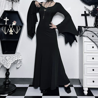 Y2K Goth Floral Lace Mesh Flared Sleeve Bodycon Party Dresses Sexy Vintage Elegant Black Velvet V-Neck Long Dress Partywear