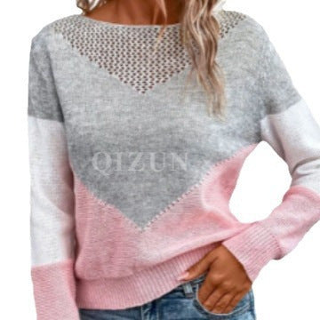 European and American Cross-border Sweater Autumn and Winter Contrast Crewneck Pullover Stitching Hollow-out Slim-fit Long-sleeved Thin Knitted Top for Women