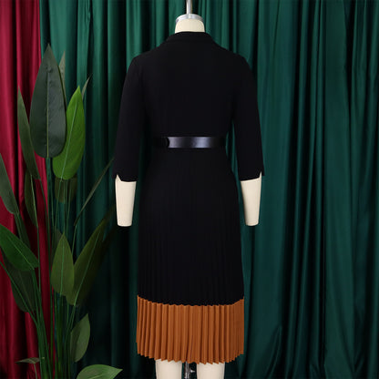 CM.YAYA Fashion Full Sleeve Notched Neck Solid High Waist Belt Dress Women Autumn Office Lady Pleated Long Africa Midi Dresses