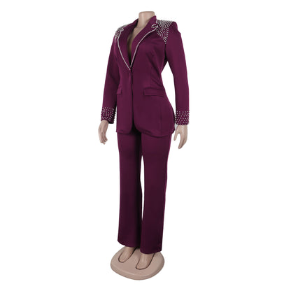 CM.YAYA Fashion Pearl Splicing Women's Set Long Sleeve Blazer and Wide Leg Pants Suit 2024 Winter OL Fall Two 2 Piece Set Outfit