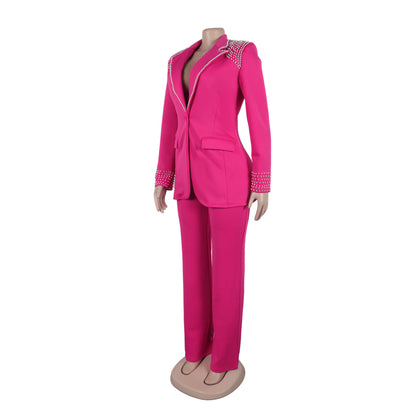 CM.YAYA Fashion Pearl Splicing Women's Set Long Sleeve Blazer and Wide Leg Pants Suit 2024 Winter OL Fall Two 2 Piece Set Outfit