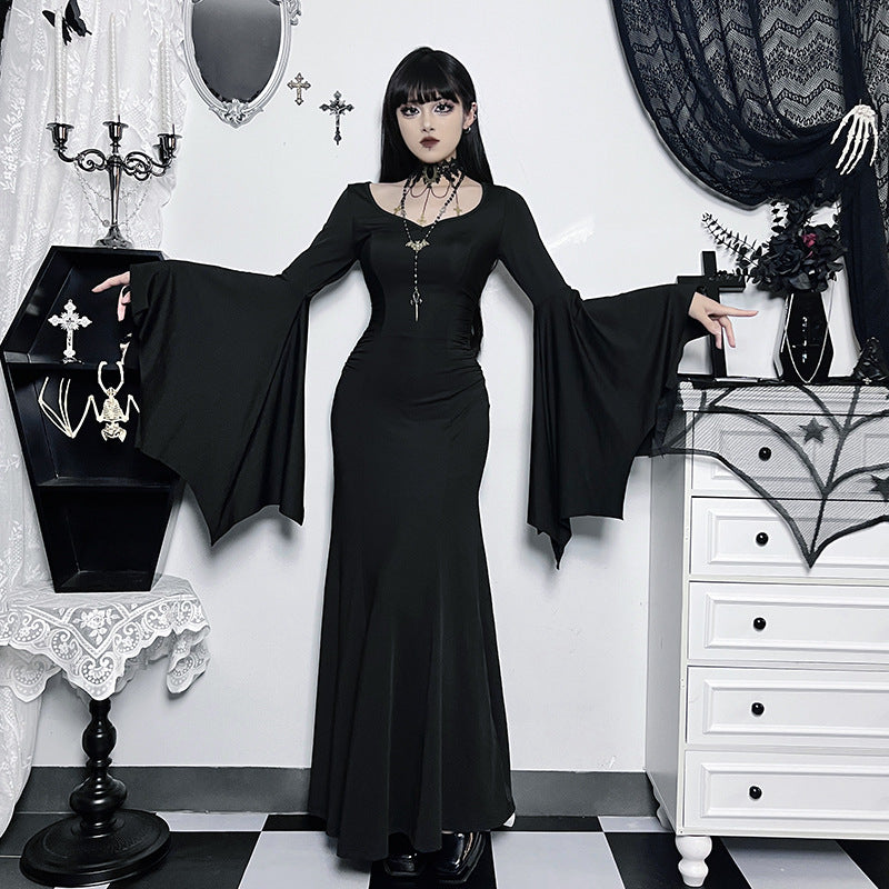 Y2K Goth Floral Lace Mesh Flared Sleeve Bodycon Party Dresses Sexy Vintage Elegant Black Velvet V-Neck Long Dress Partywear