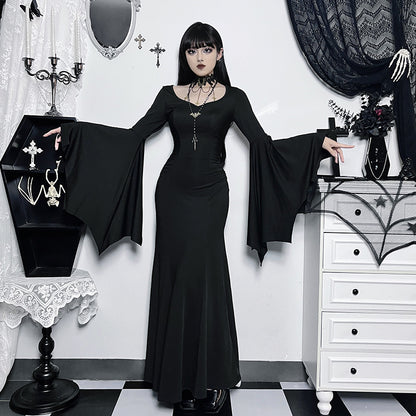 Y2K Goth Floral Lace Mesh Flared Sleeve Bodycon Party Dresses Sexy Vintage Elegant Black Velvet V-Neck Long Dress Partywear