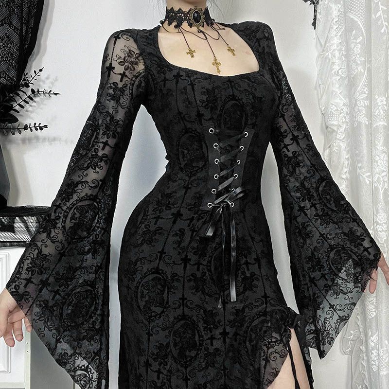 Y2K Goth Floral Lace Mesh Flared Sleeve Bodycon Party Dresses Sexy Vintage Elegant Black Velvet V-Neck Long Dress Partywear