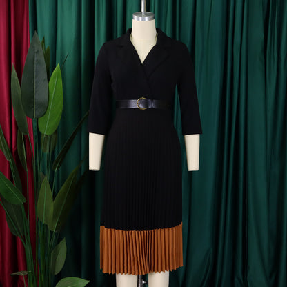 CM.YAYA Fashion Full Sleeve Notched Neck Solid High Waist Belt Dress Women Autumn Office Lady Pleated Long Africa Midi Dresses